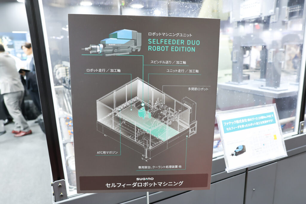 ロボットテクノロジージャパン2026（RTJ2026）のおいてスギノマシンが展示したロボットマシニング（ロボット切削加工）の構成